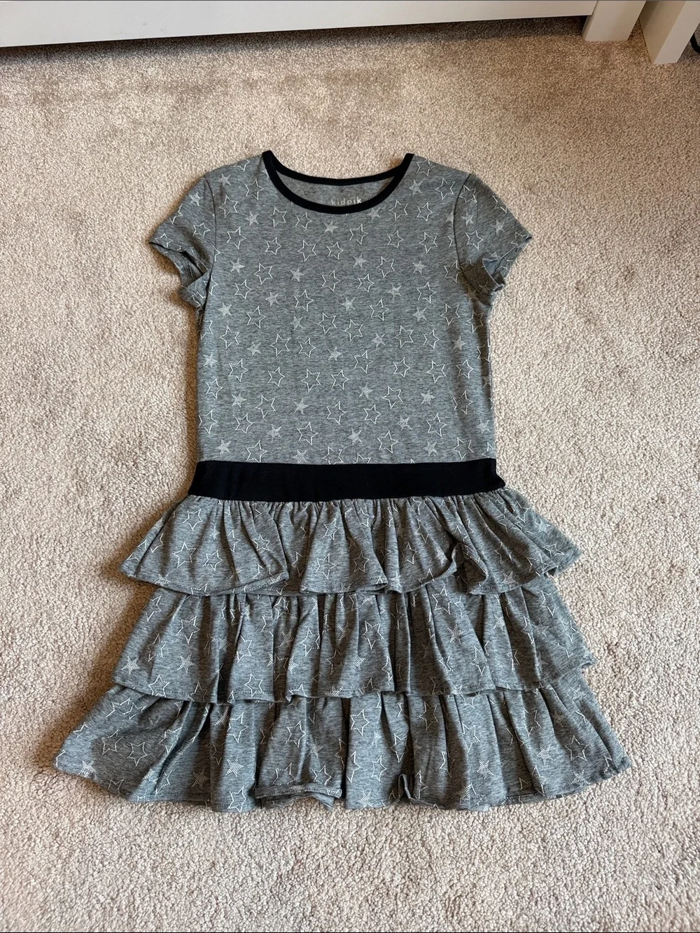 kidpik Gray Star Ruffle Tiered Dress with Black Trim
